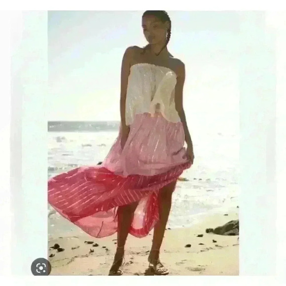 Anthropologie Dresses & Skirts - PQ Briar Anthropologie Pink Ombre Tiered Tassel Metallics Coverup Maxi Dress M/L